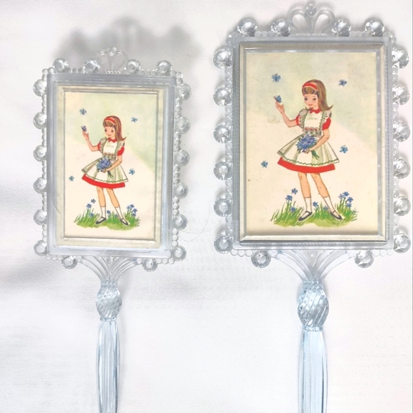 Vintage Children's Clear Blue Plastic Hand Mirror and Brush Set - Little Girl - Picture 5 of 9